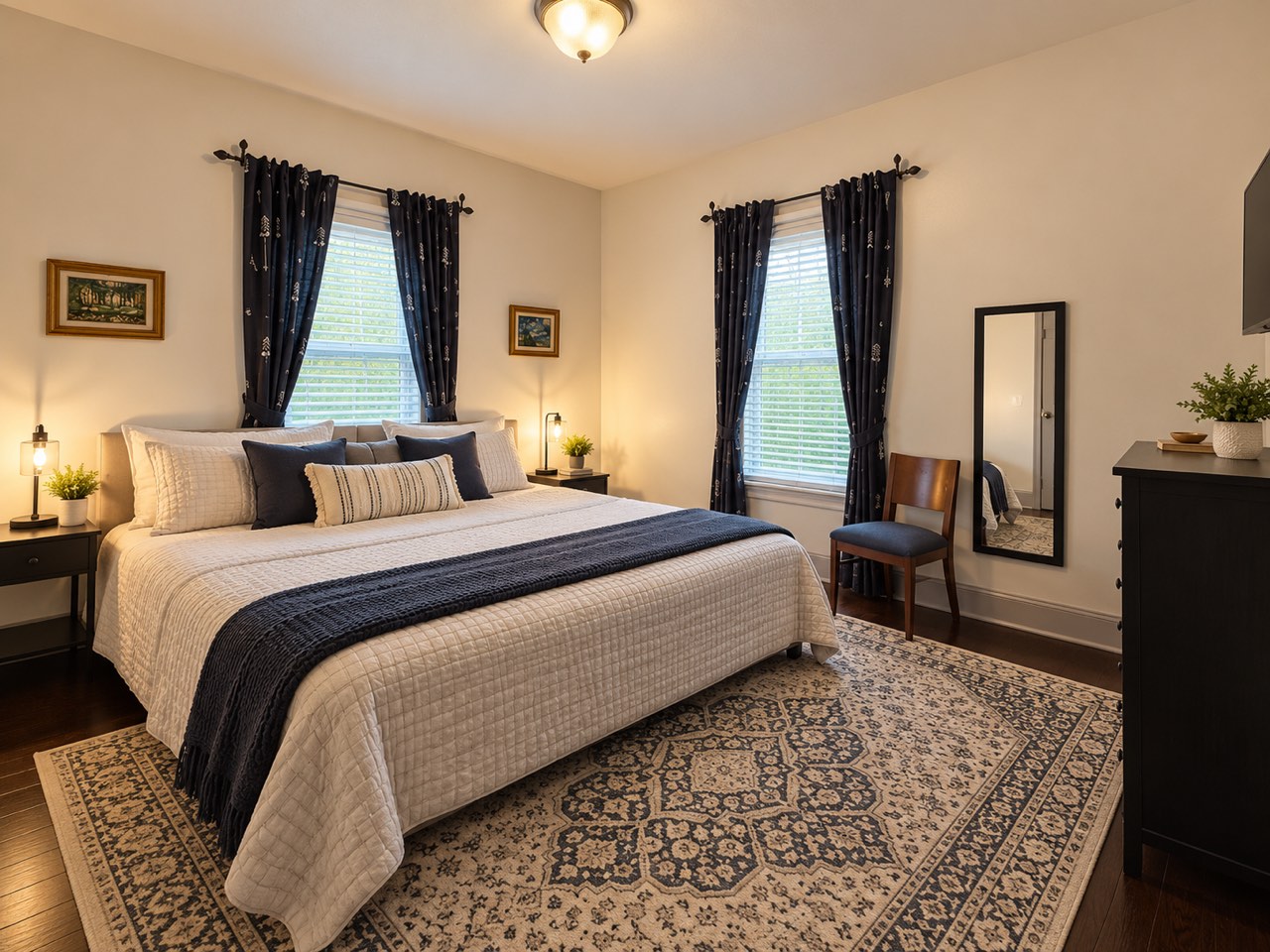 A private bedroom with a large bed, navy curtains and a full-length mirror
