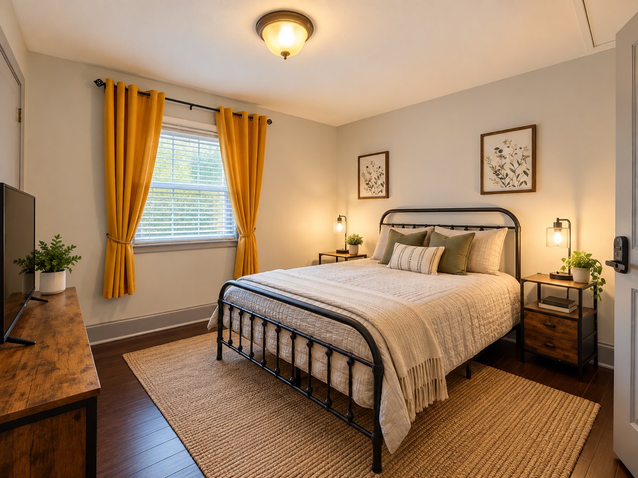 A private bedroom with a black iron bed, mustard curtains and a television